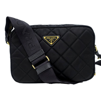 Tessuto Black Quilted Nylon Triangle Logo Camera Crossbody Bag