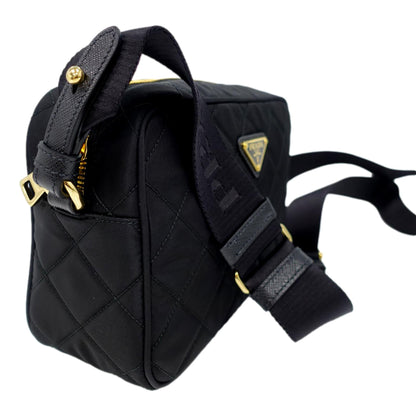 Tessuto Black Quilted Nylon Triangle Logo Camera Crossbody Bag