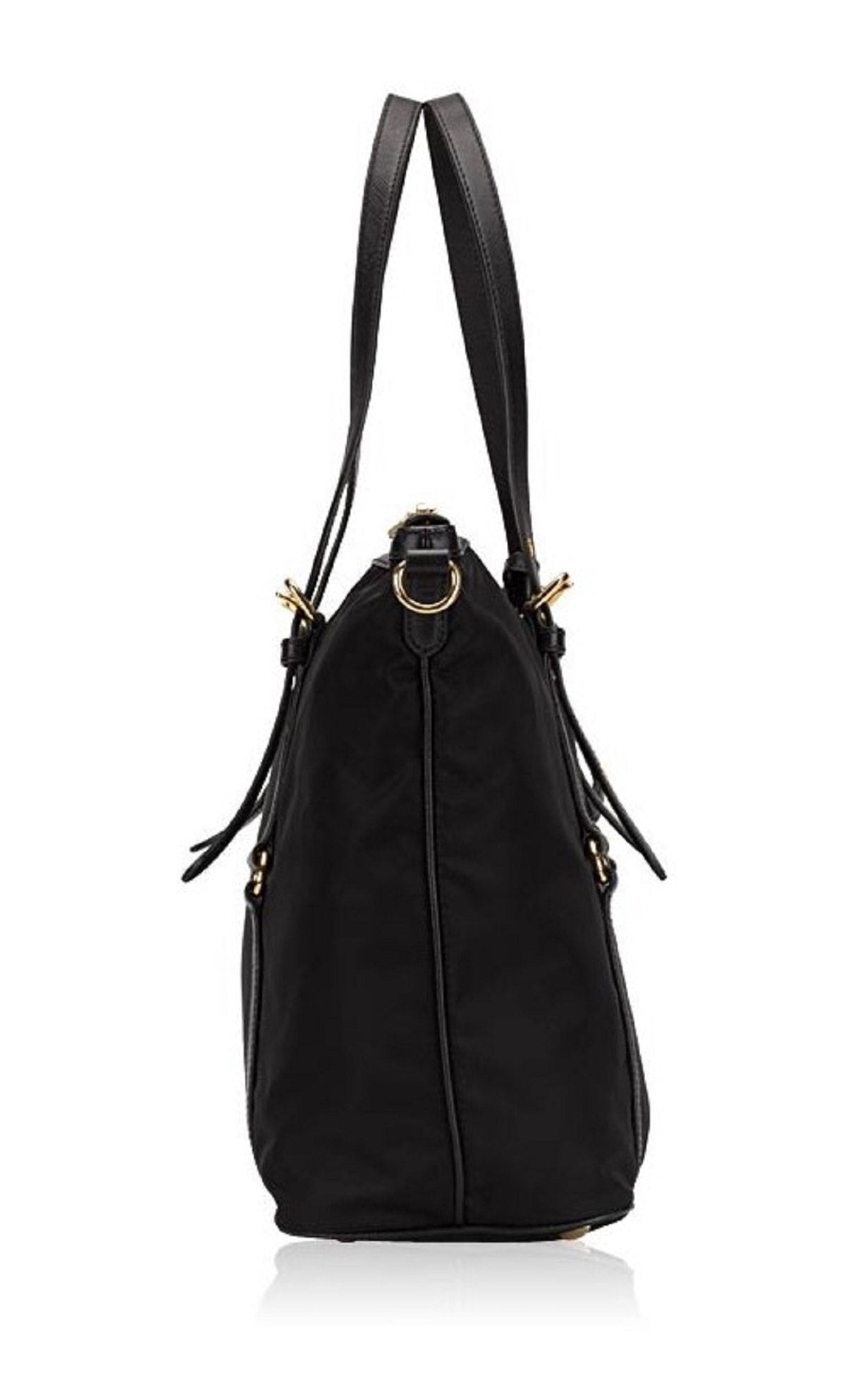 Tessuto Nylon Saffiano Leather Black Top Zip Tote Bag