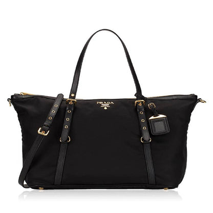 Tessuto Nylon Saffiano Leather Black Top Zip Tote Bag