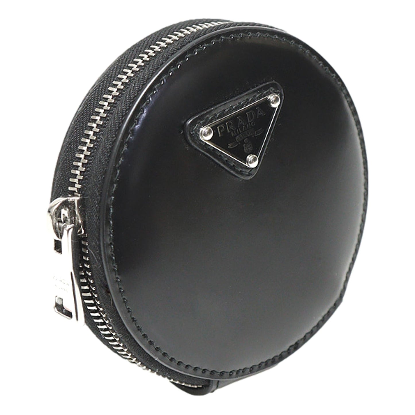 Triangle Plaque Smooth Black Leather Round Mini Pouch Keychain