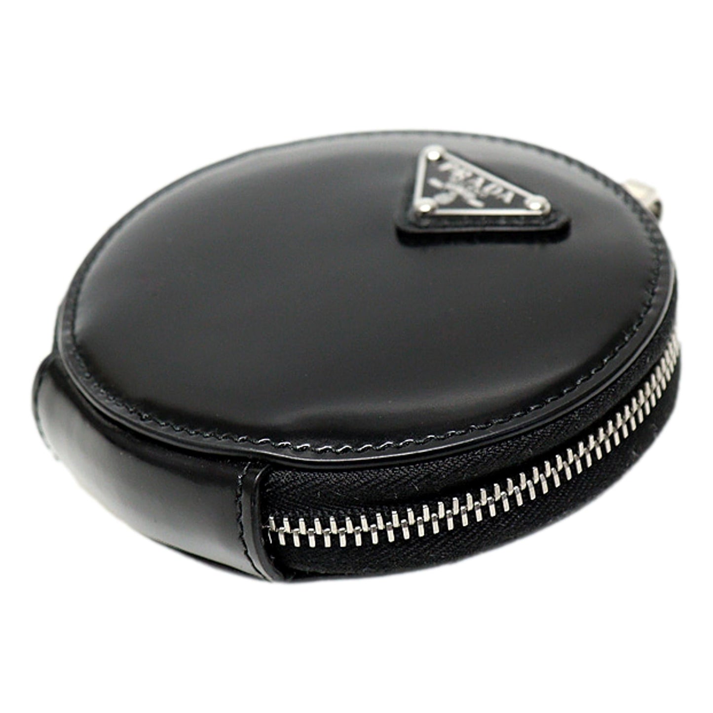 Triangle Plaque Smooth Black Leather Round Mini Pouch Keychain