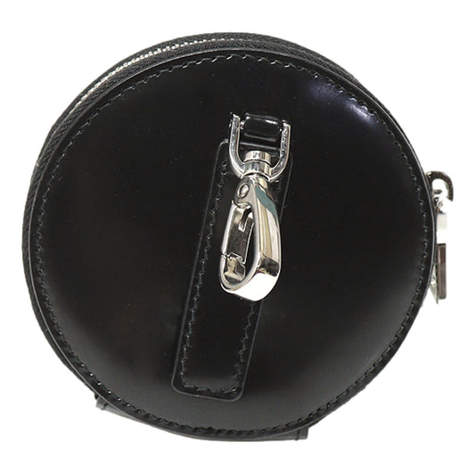 Triangle Plaque Smooth Black Leather Round Mini Pouch Keychain