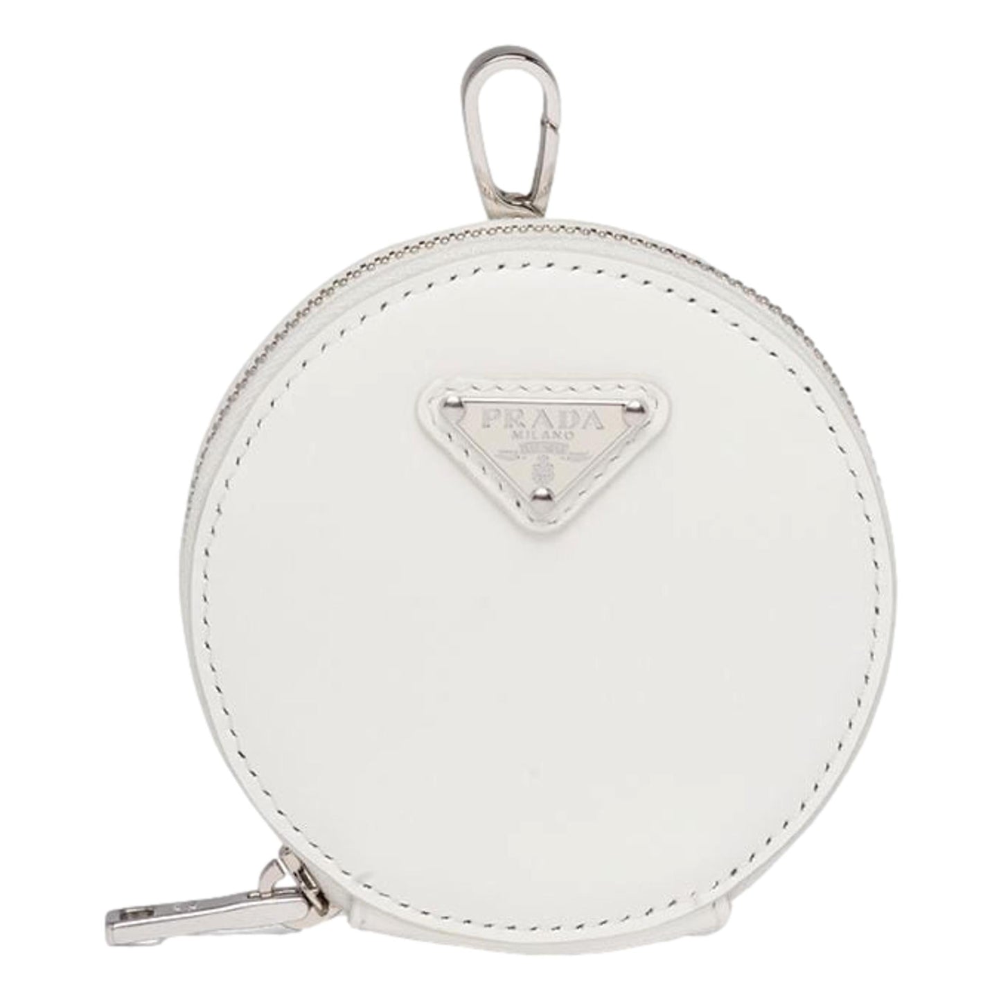 Triangle Plaque Smooth White Leather Round Mini Pouch Keychain