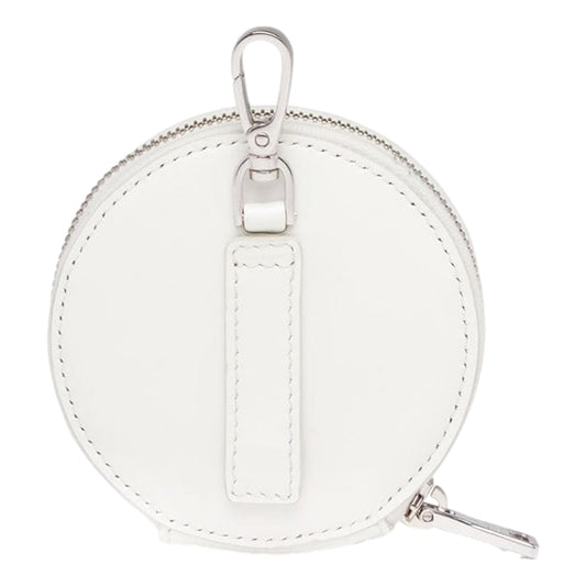 Triangle Plaque Smooth White Leather Round Mini Pouch Keychain