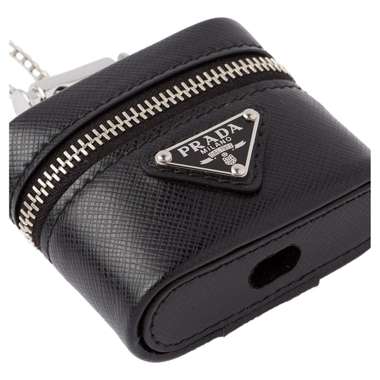 Triangle Saffiano Black Leather Mini Airpods Case with Chain