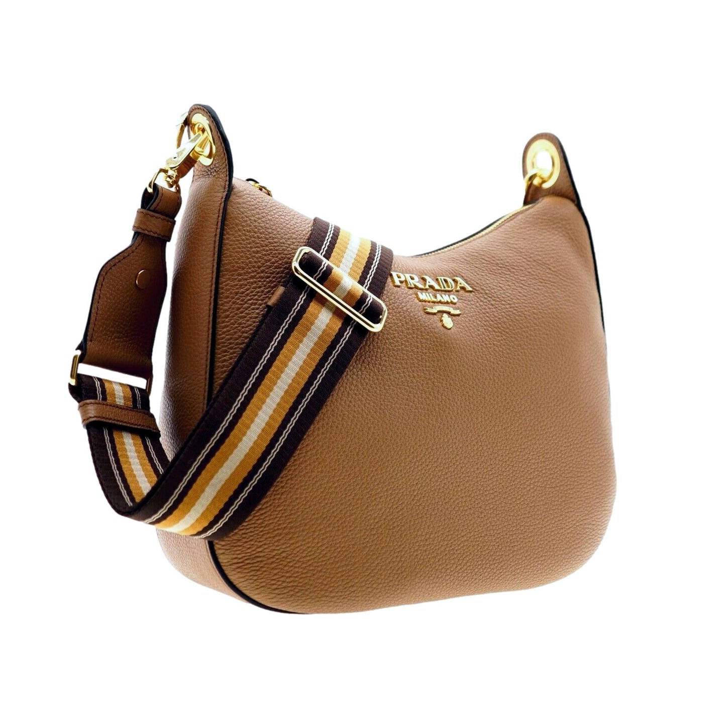 Vitello Phenix Caramel Brown Leather Web Stripe Crossbody Bag