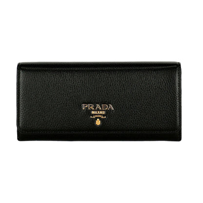 Vitello Grain Black Leather ID Holder Continental Long Wallet