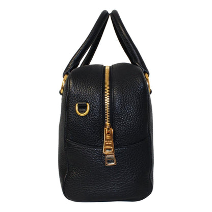 Vitello Phenix Black Leather Web Stripe Crossbody Satchel Bag