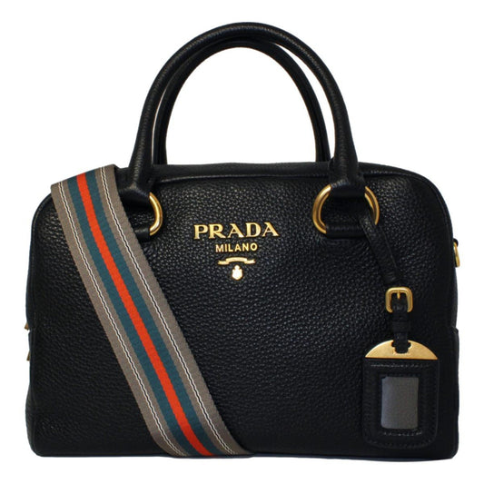 Vitello Phenix Black Leather Web Stripe Crossbody Satchel Bag