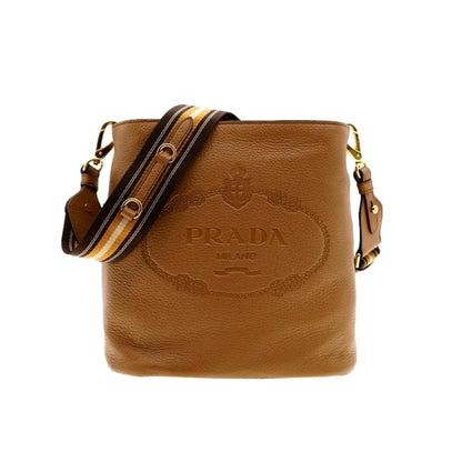 Vitello Phenix Bucket Crossbody Bag Caramel Brown Web Strap