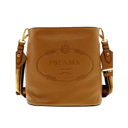 Vitello Phenix Bucket Crossbody Bag Caramel Brown Web Strap