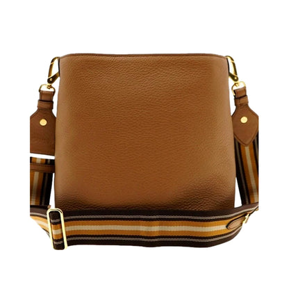 Vitello Phenix Bucket Crossbody Bag Caramel Brown Web Strap