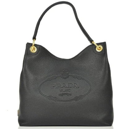 Vitello Phenix Black Leather Embossed Logo Hobo Tote Bag