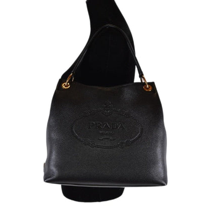 Vitello Phenix Black Leather Embossed Logo Hobo Tote Bag