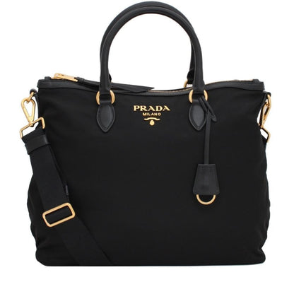 Black Tessuto Nylon Calf Leather Trim Satchel Tote Bag