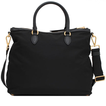 Black Tessuto Nylon Calf Leather Trim Satchel Tote Bag