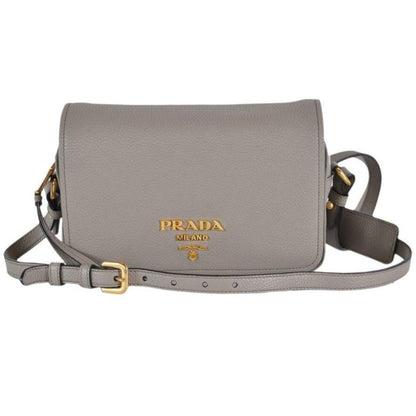 Vitello Phenix Argilla Grey Leather Flap Crossbody Bag