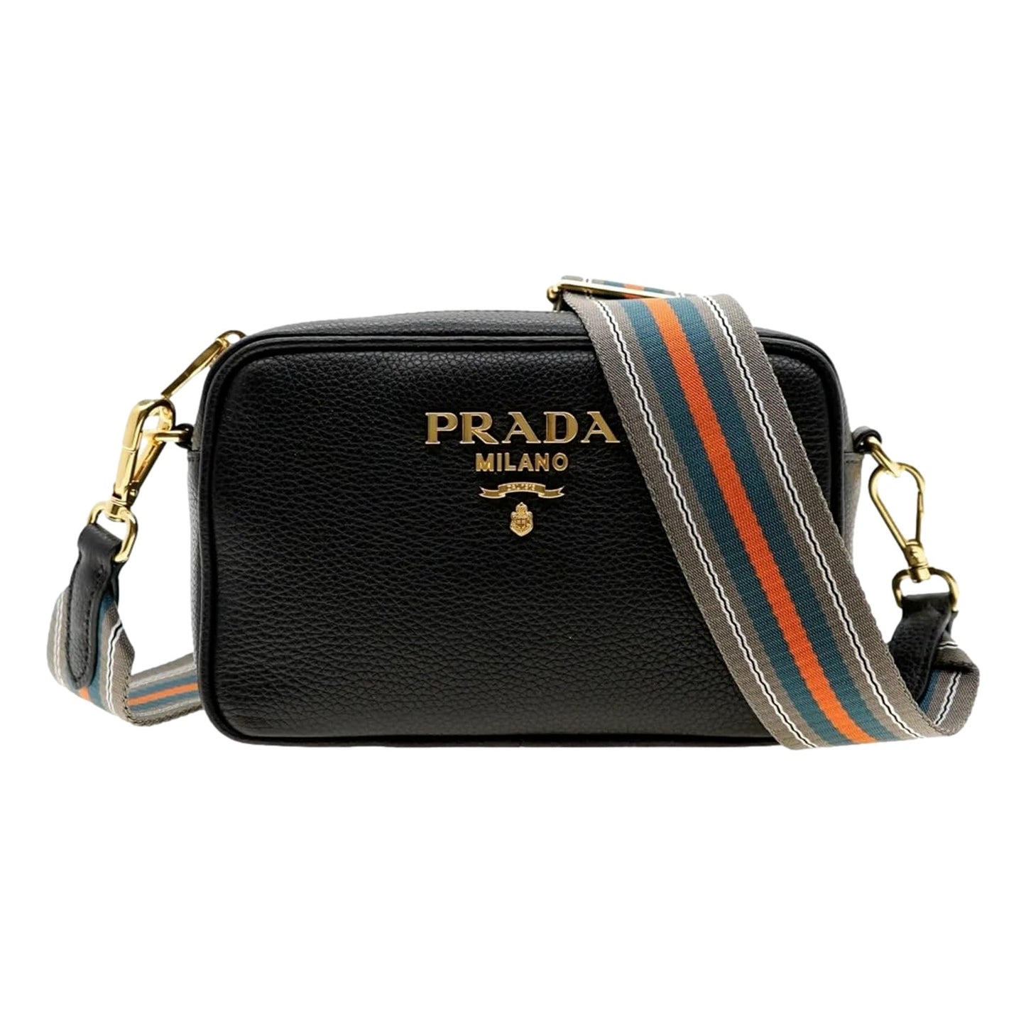 Milano Vitello Phenix Nero Leather Crossbody Bag Web Stripe Strap