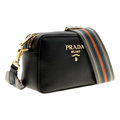 Milano Vitello Phenix Nero Leather Crossbody Bag Web Stripe Strap