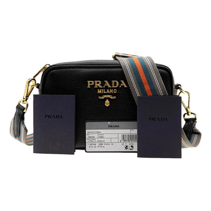 Milano Vitello Phenix Nero Leather Crossbody Bag Web Stripe Strap