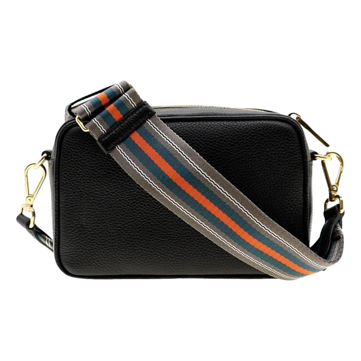 Milano Vitello Phenix Nero Leather Crossbody Bag Web Stripe Strap