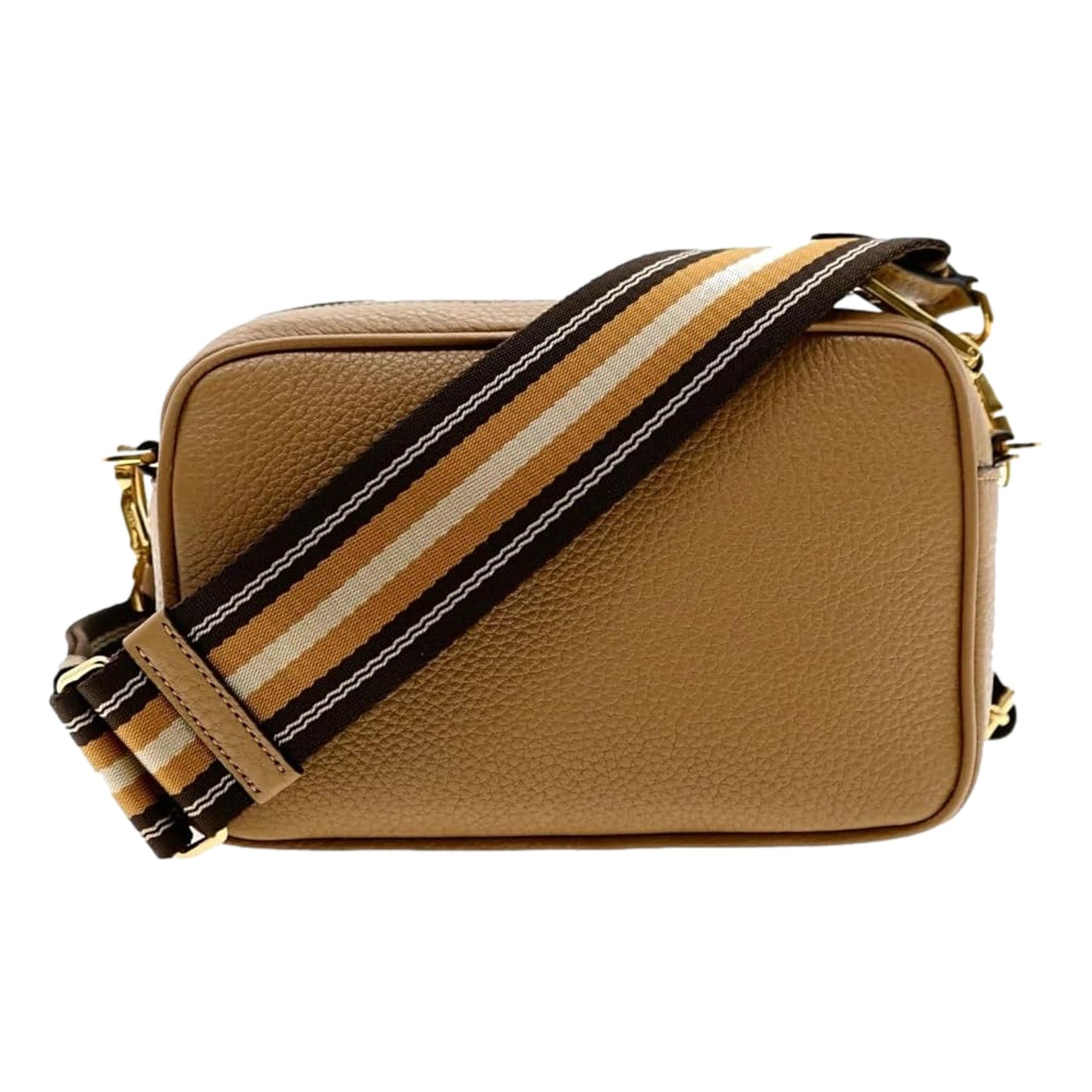 Tan Caramel Leather Crossbody Bag Web Stripe Strap