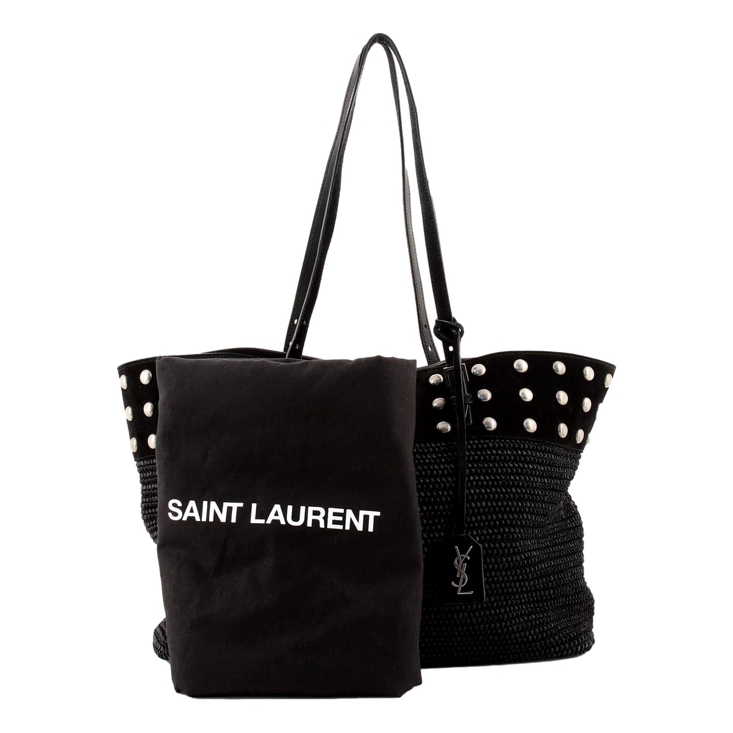 Boucle Studded Black Raffia Leather Shopping Tote