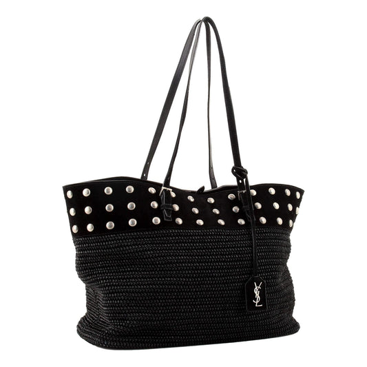 Boucle Studded Black Raffia Leather Shopping Tote