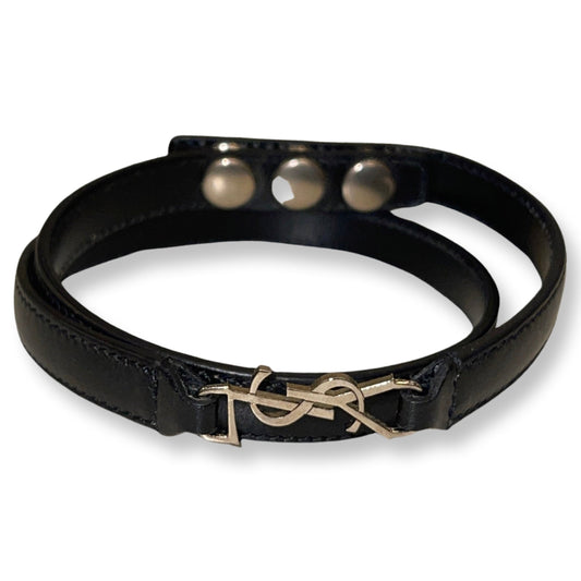 Monogram Logo Black Leather Wrap Snap Bracelet