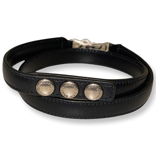 Monogram Logo Black Leather Wrap Snap Bracelet