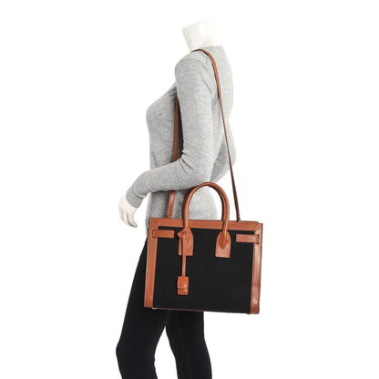 Sac De Jour Black Canvas and Brown Leather Satchel