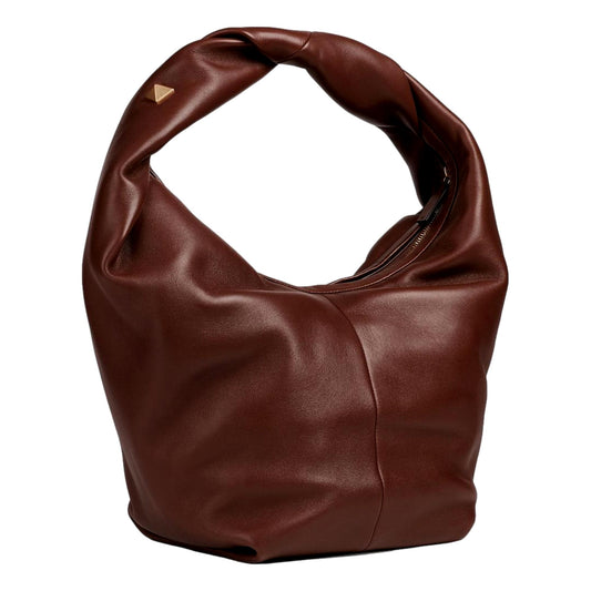 Roman Stud Brown Leather Large Hobo Shoulder Bag