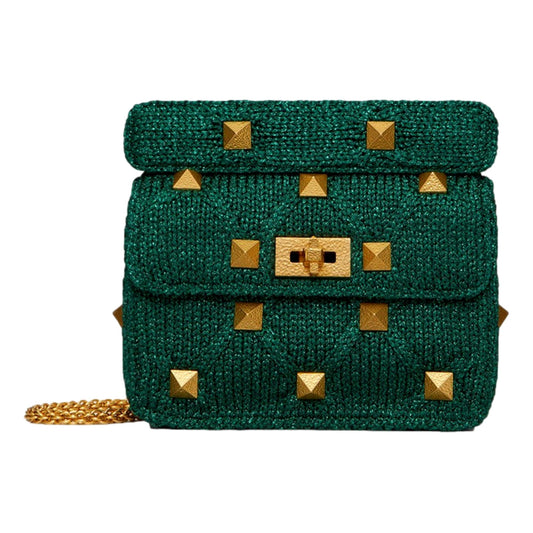 Roman Stud Medium Shoulder Bag Metallic Green Lurex