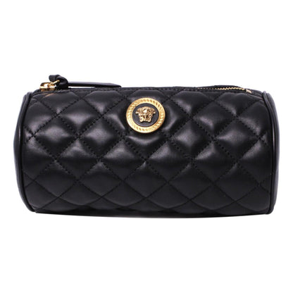 Black Leather Medusa Quilted Cosmetic Bag