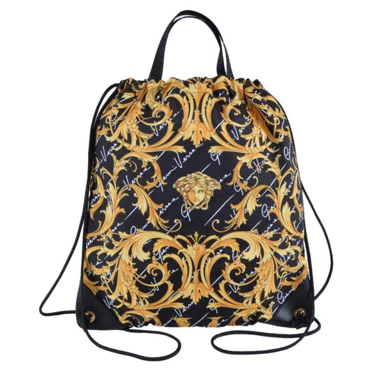 Black Nylon Barocco Signature Print Drawstring Backpack