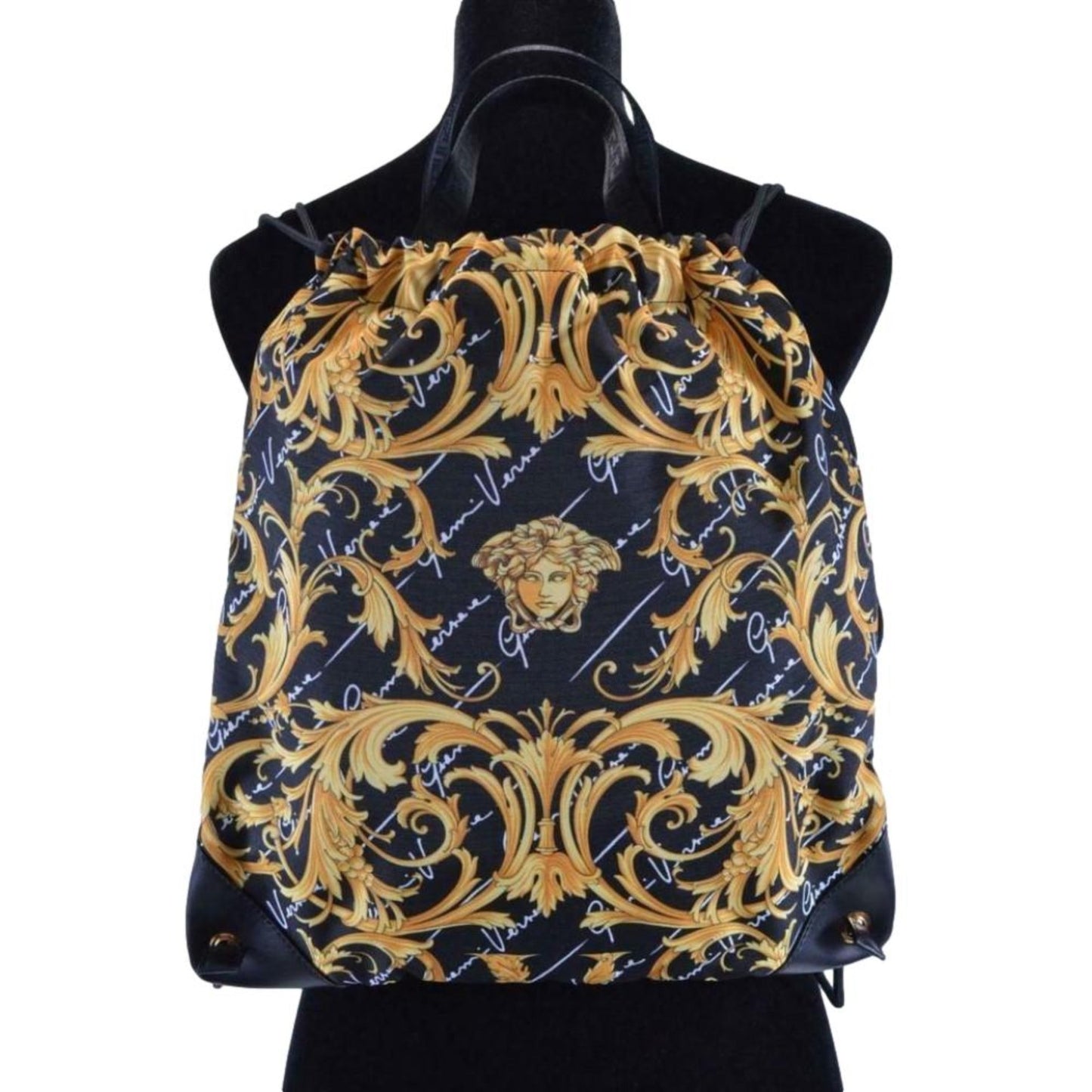 Black Nylon Barocco Signature Print Drawstring Backpack