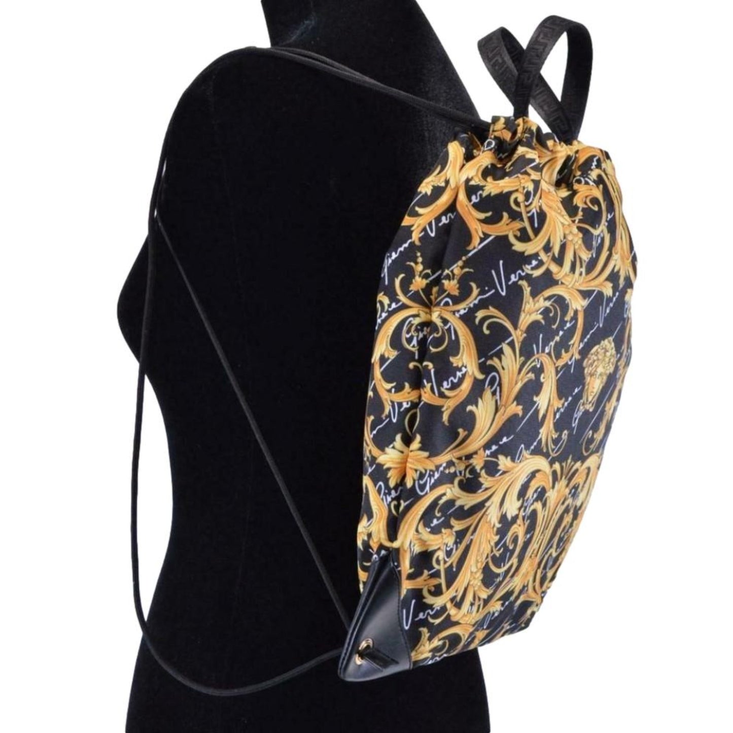 Black Nylon Barocco Signature Print Drawstring Backpack