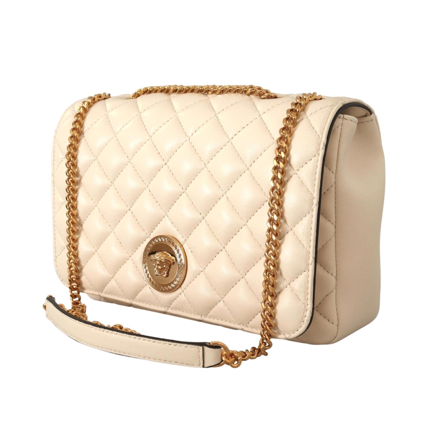 La Medusa Beige Quilted Lamb Leather Large Shoulder Bag