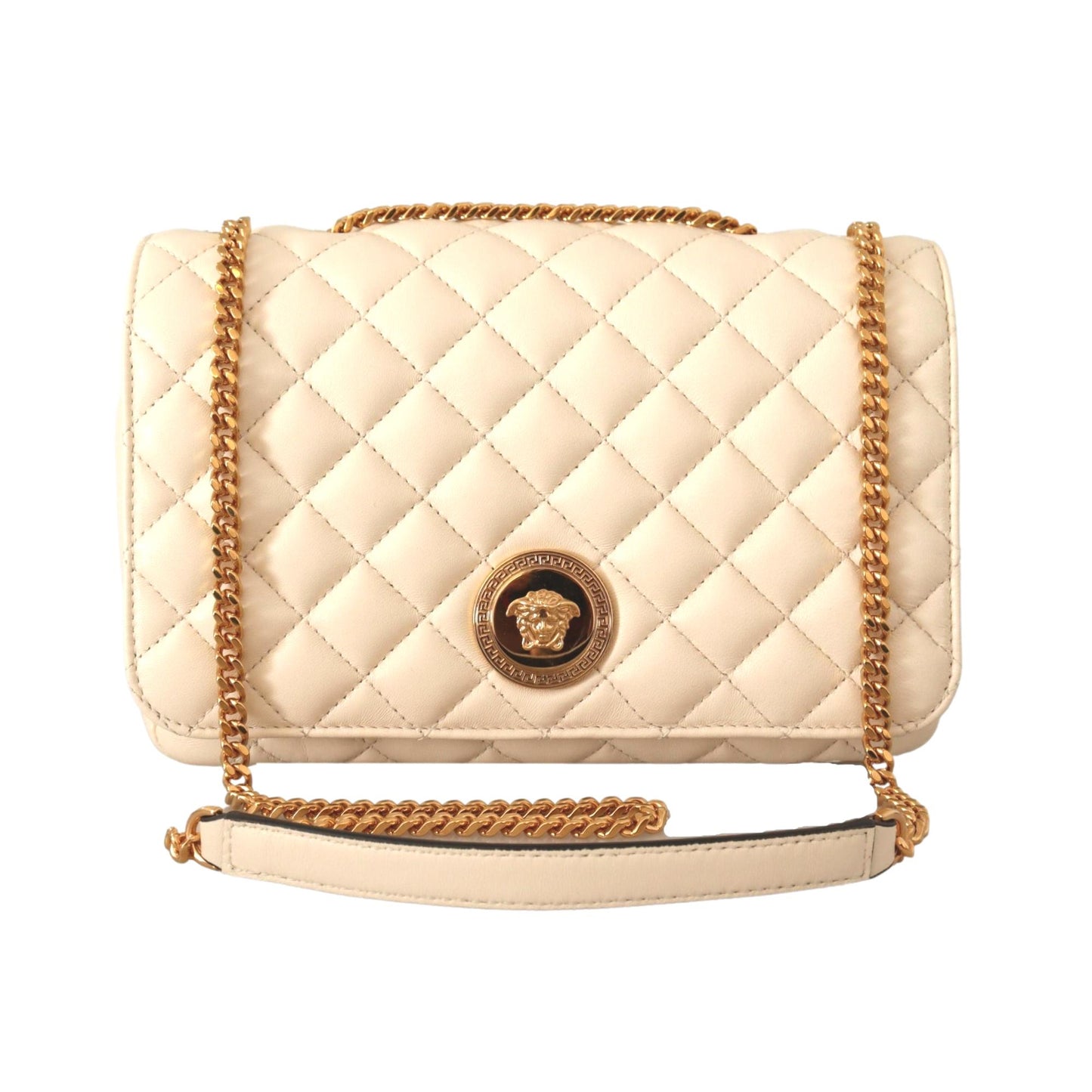 La Medusa Beige Quilted Lamb Leather Large Shoulder Bag