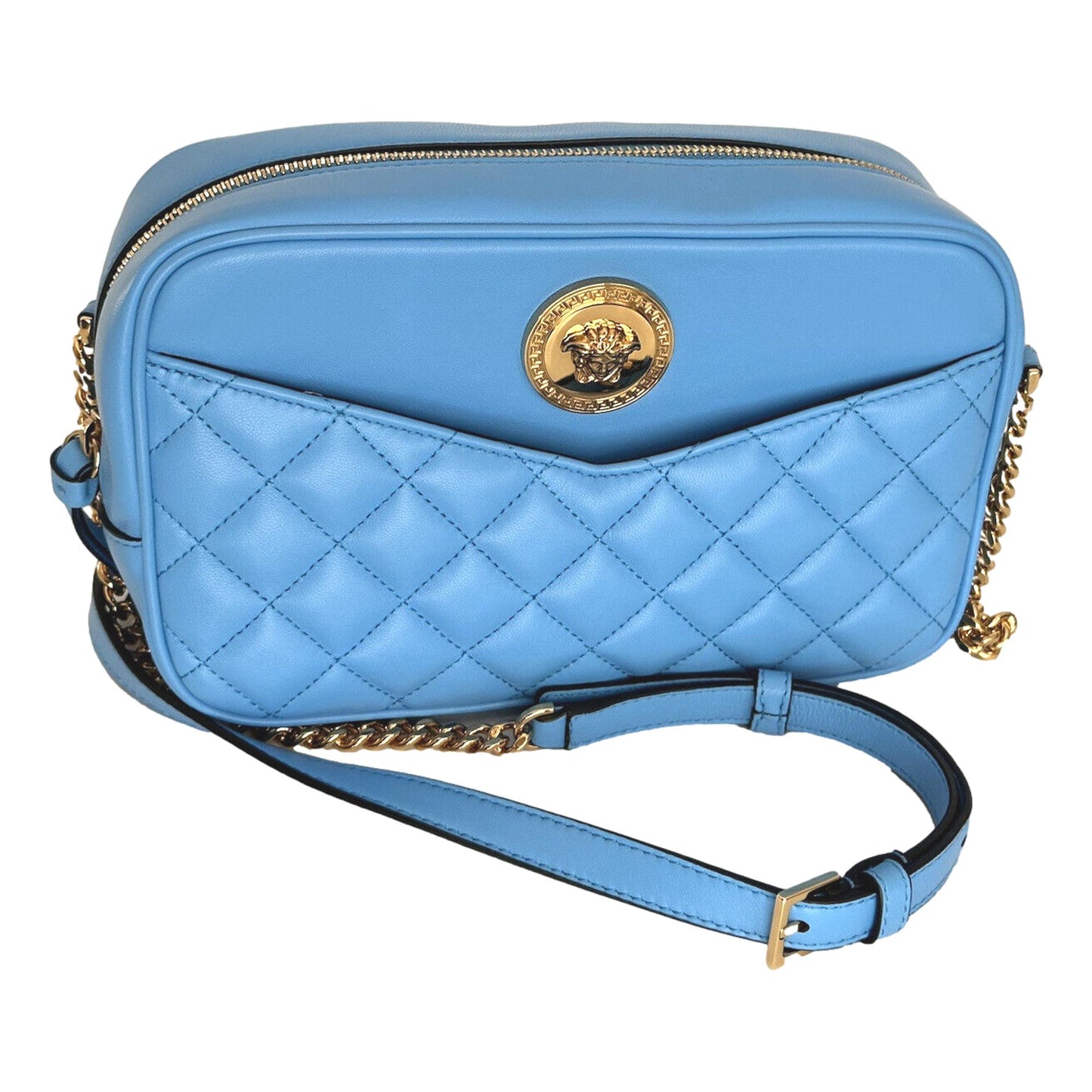 La Medusa Blue Quilted Lamb Leather Medium Crossbody Bag