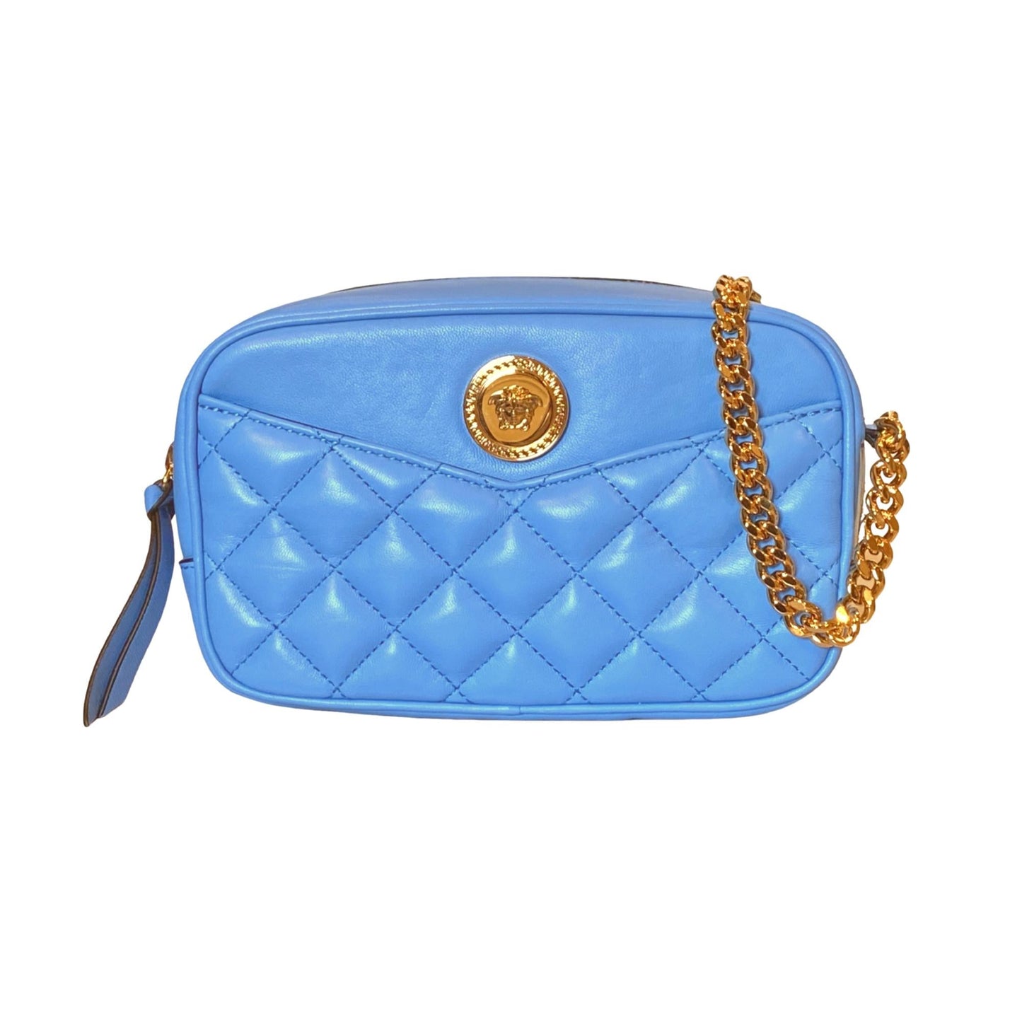 La Medusa Blue Quilted Small Camera Crossbody Bag