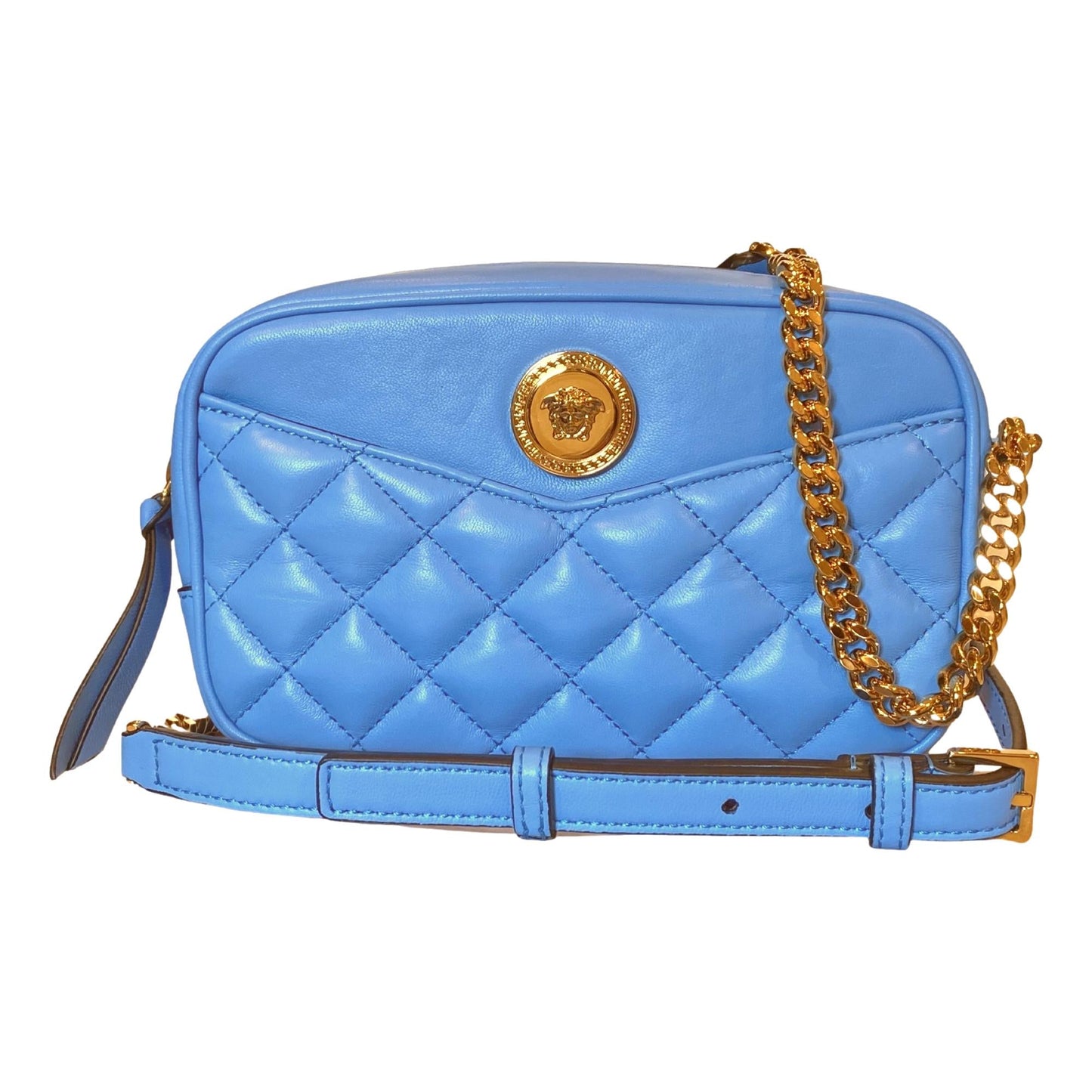 La Medusa Blue Quilted Small Camera Crossbody Bag