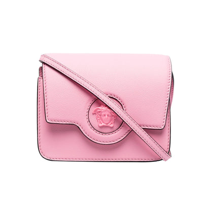 La Medusa Logo Plaque Pink Pebbled Leather Crossbody Bag