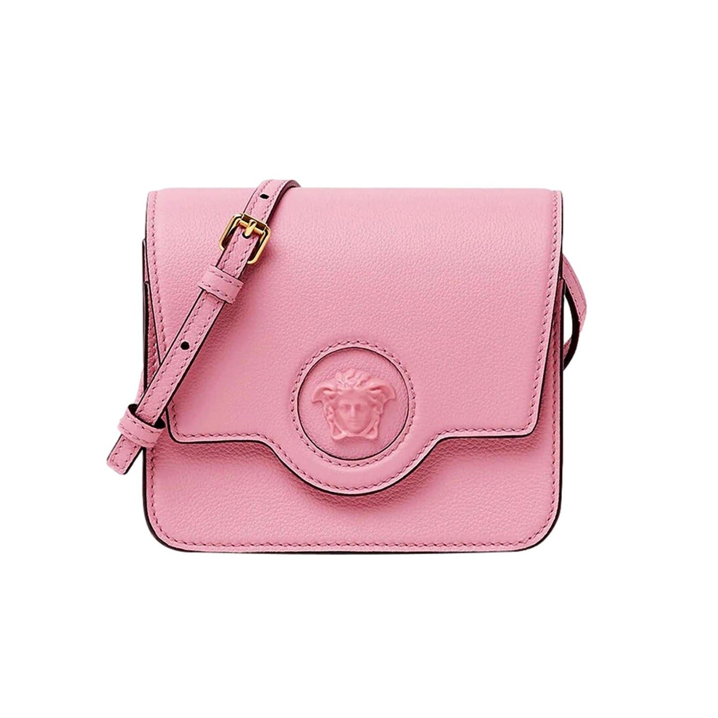 La Medusa Logo Plaque Pink Pebbled Leather Crossbody Bag