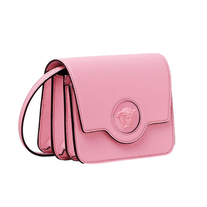 La Medusa Logo Plaque Pink Pebbled Leather Crossbody Bag