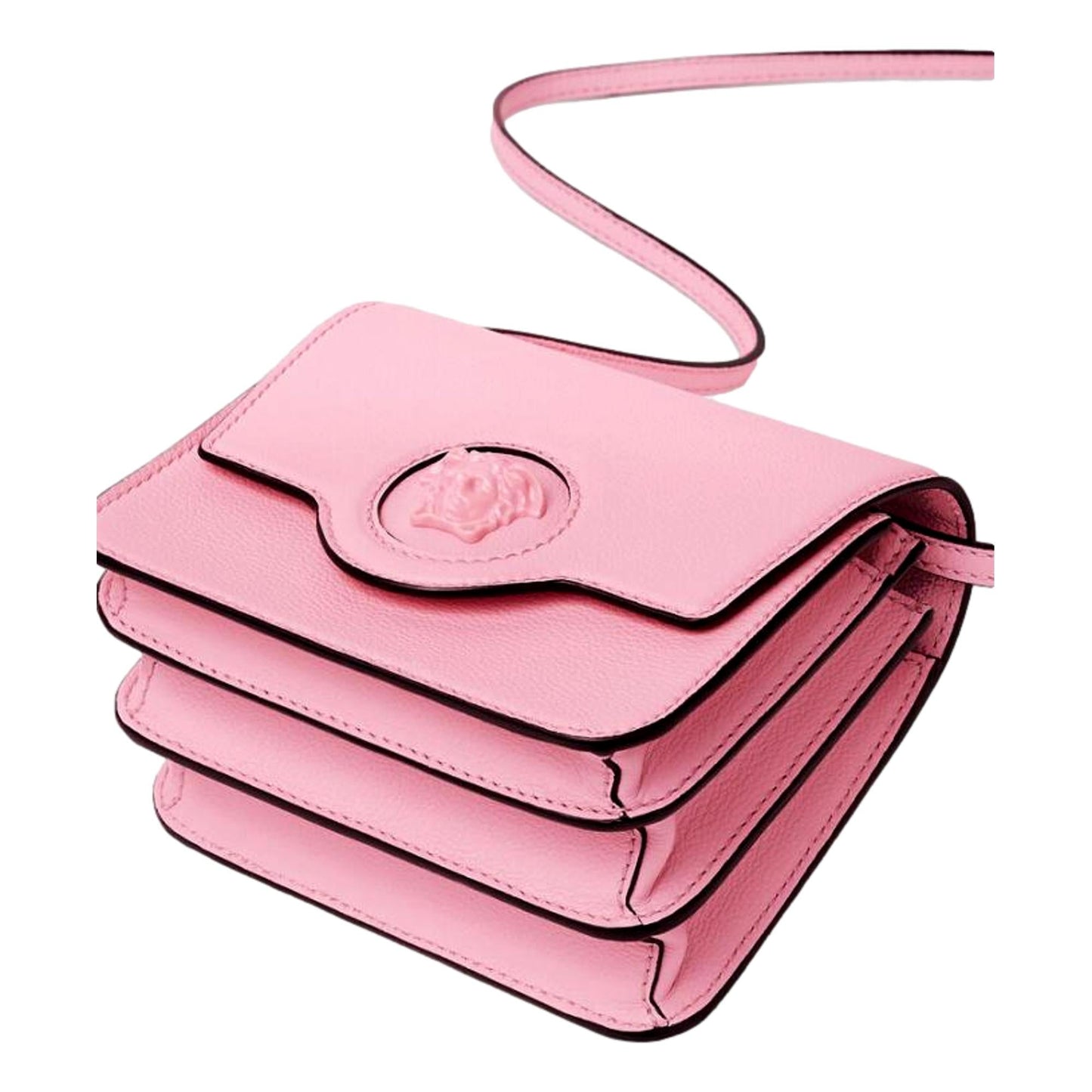 La Medusa Logo Plaque Pink Pebbled Leather Crossbody Bag