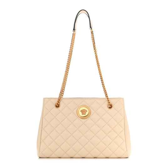 La Medusa Nappa Quilted Beige Leather Large Tote Bag