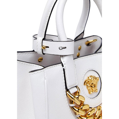 La Medusa Gold Plaque White Leather Small Crossbody Tote Bag