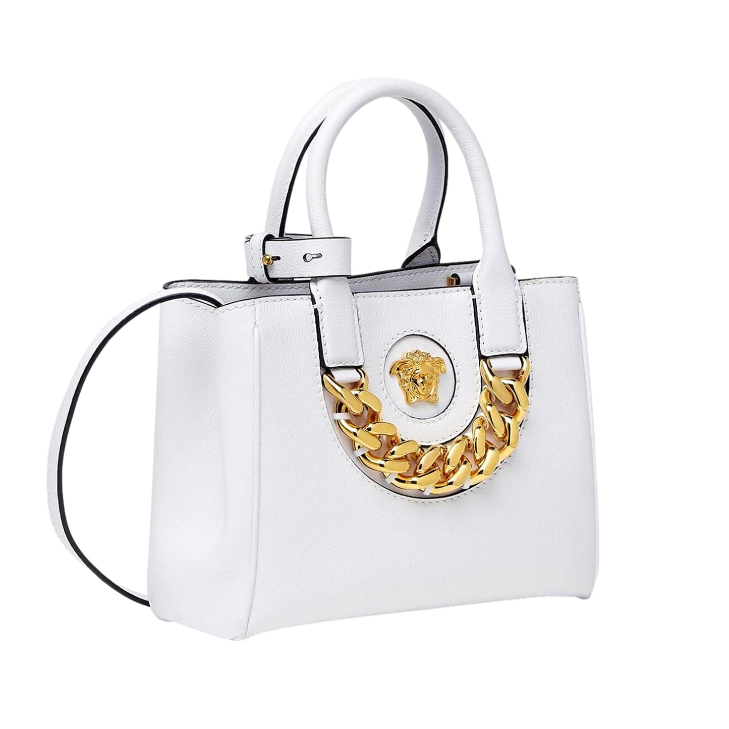 La Medusa Gold Plaque White Leather Small Crossbody Tote Bag